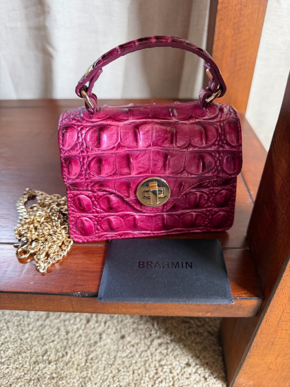 Brahmin Fuchsia Croc-Embossed Mini Top-Handle Bag with Gold Chain NWOT